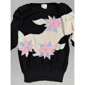 Adolfo Collectibles Vintage Floral Applique Sequin Knit Sweater Black Cream M
